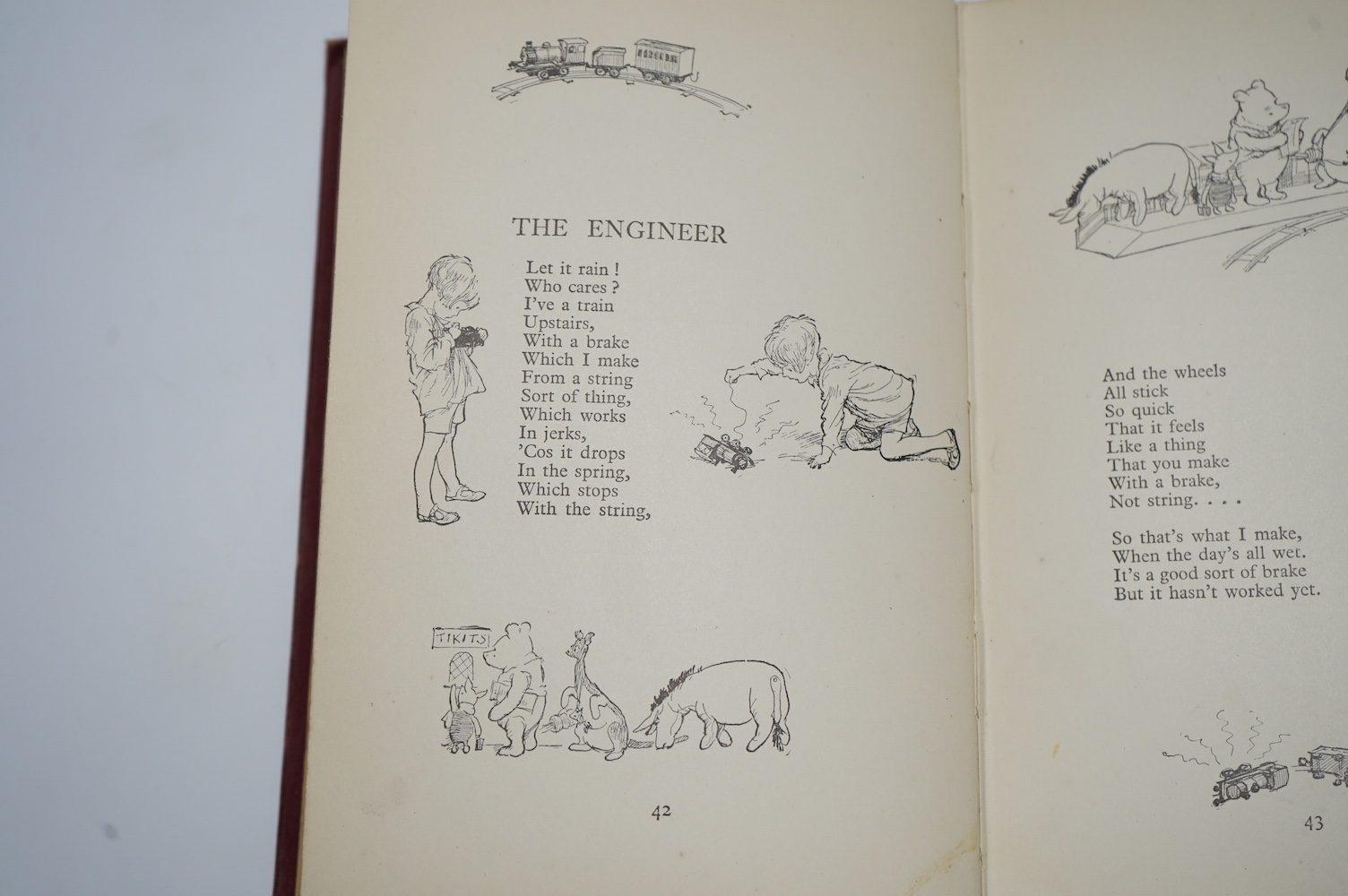 Milne, A.A. - Now We Are Six. with decorations by Ernest H. Shepard. First Edition title and other illus. throughout, and on e/ps.; publisher's gilt ruled and pictorial red cloth, gilt top, sm.8vo. Methuen, 1927